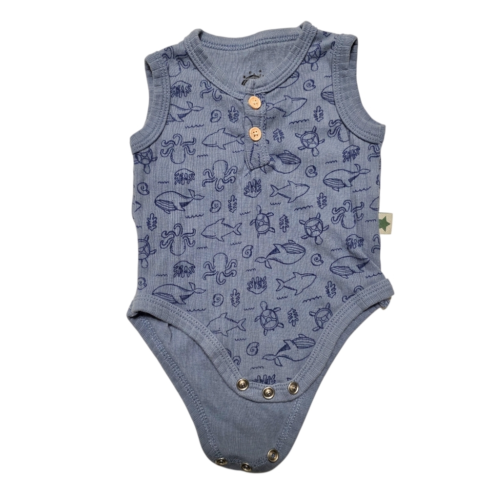 Millie & Myles Baby Onesie Cotton Ribbed Blue Sea Animals Bodysuit Newborn - 3m